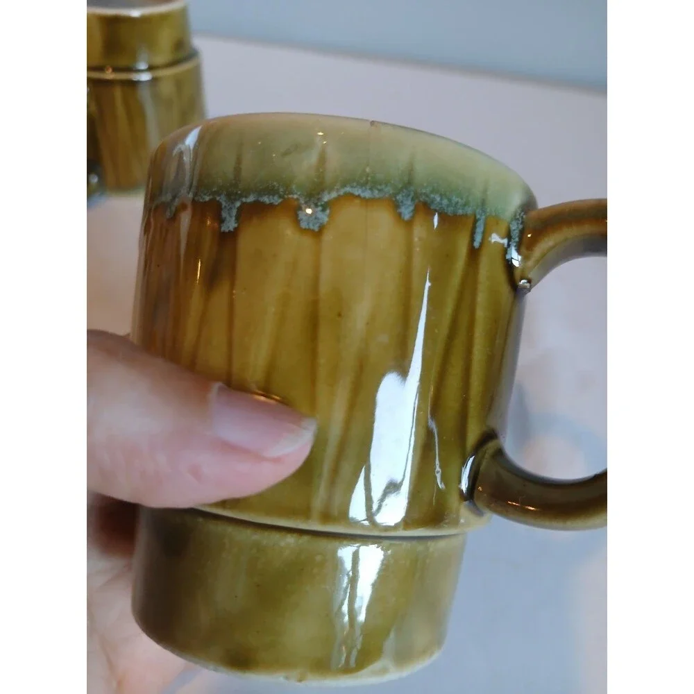3 Vintage Retro stackable Made in Japan mug cup green drip 8 ounces